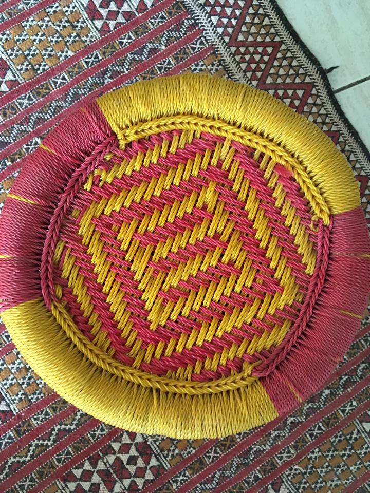 Indian stool style bohemian, bamboo natural and sitting in two-tone cotton