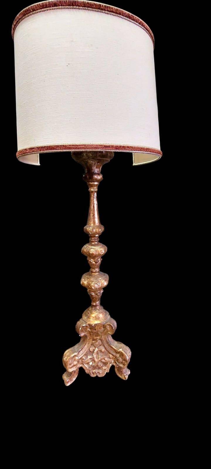 Antique 18th century candlestick lamp, gilded wood, electrified