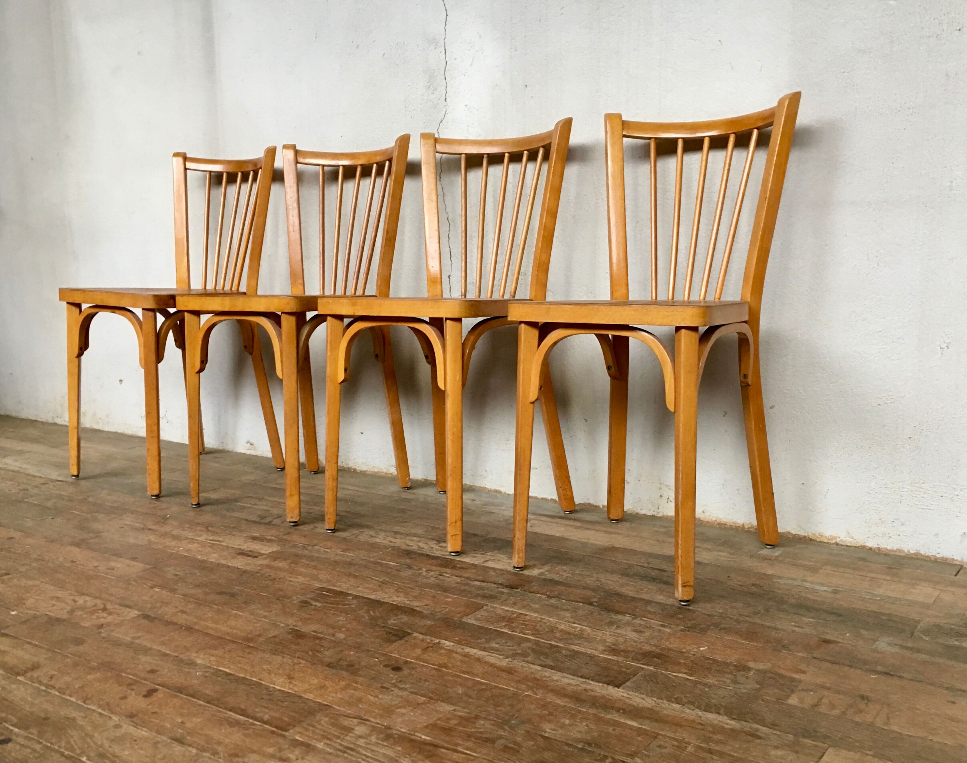Set of 4 chairs Bistro Baumann wooden clear years 1950-1960