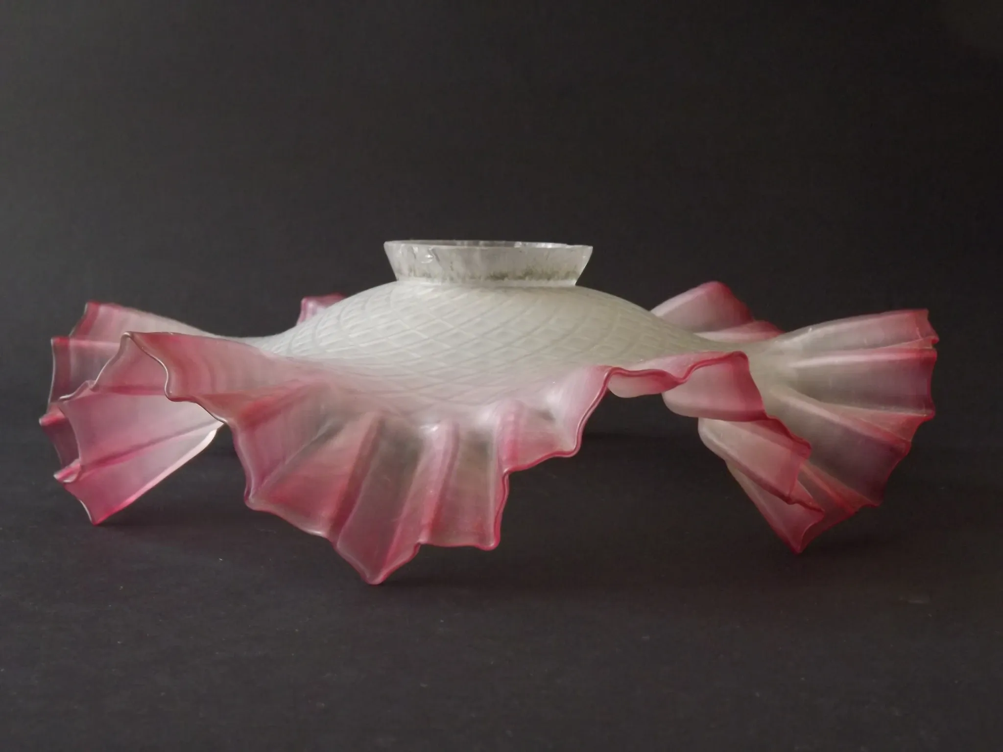 French Vintage 1930s Patterned Pink And White Frilled Glass Shade