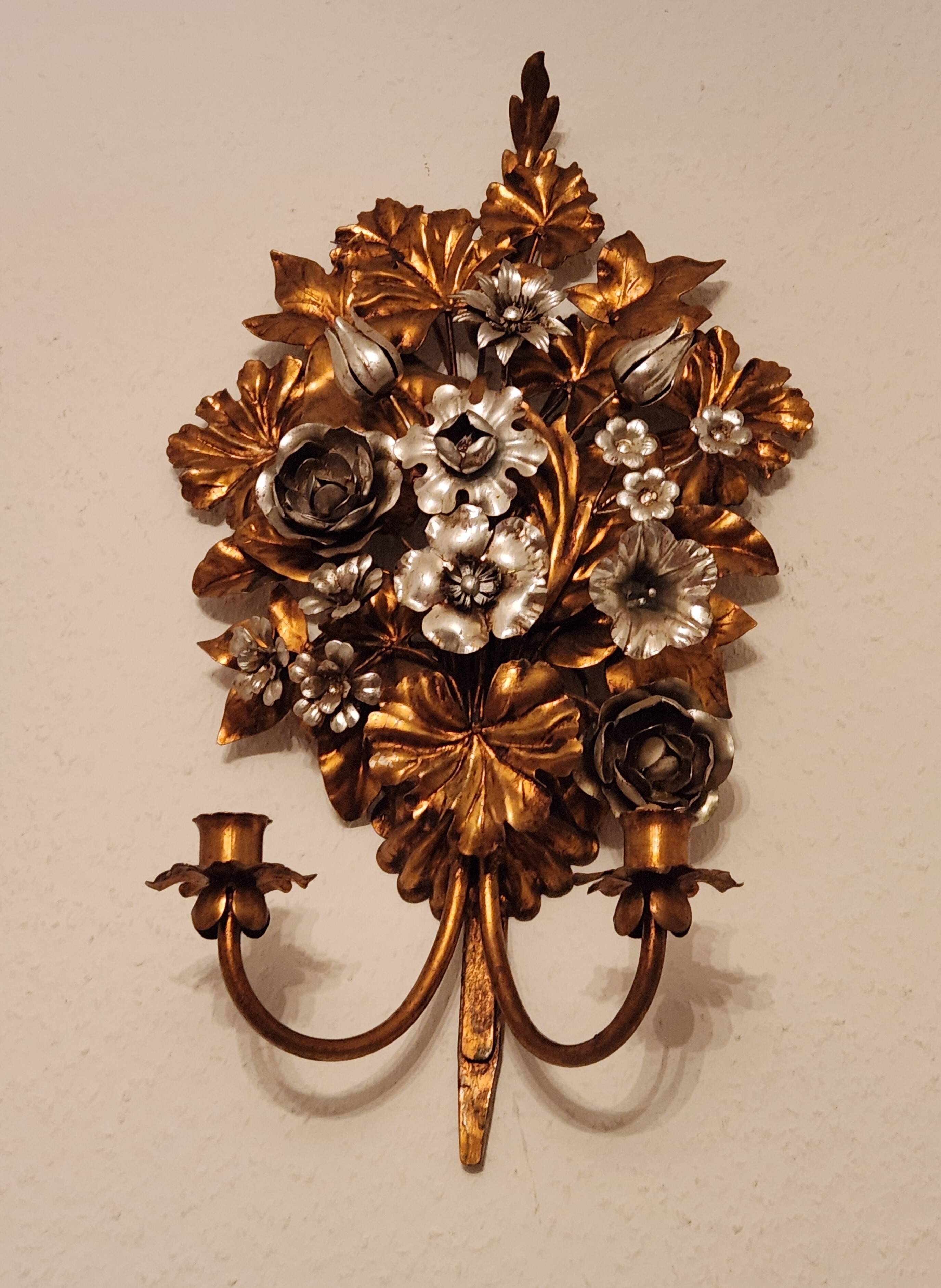 Hand-forged gilded silver-plated candle wall lamps by S. Salvadori