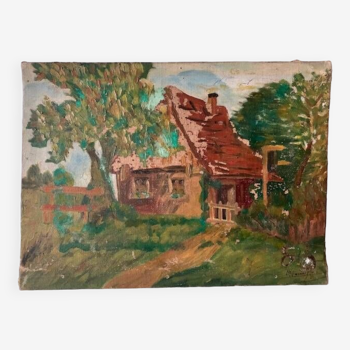 Tableau ancien impressionniste, maison de campagne, signé / fin XIXème