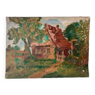 Tableau ancien impressionniste, maison de campagne, signé / fin XIXème