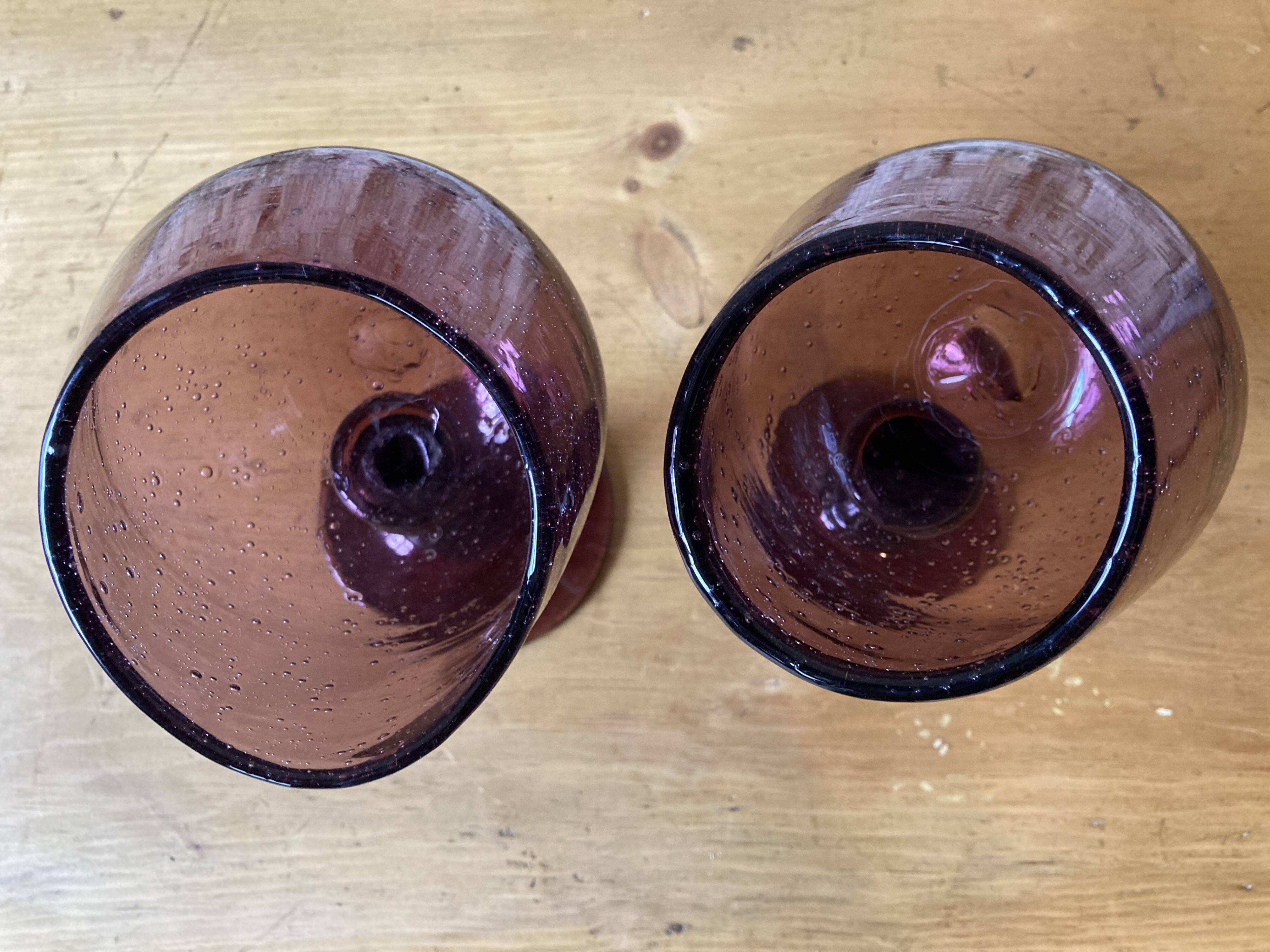 Duo of purple tinted bubbled glass cups