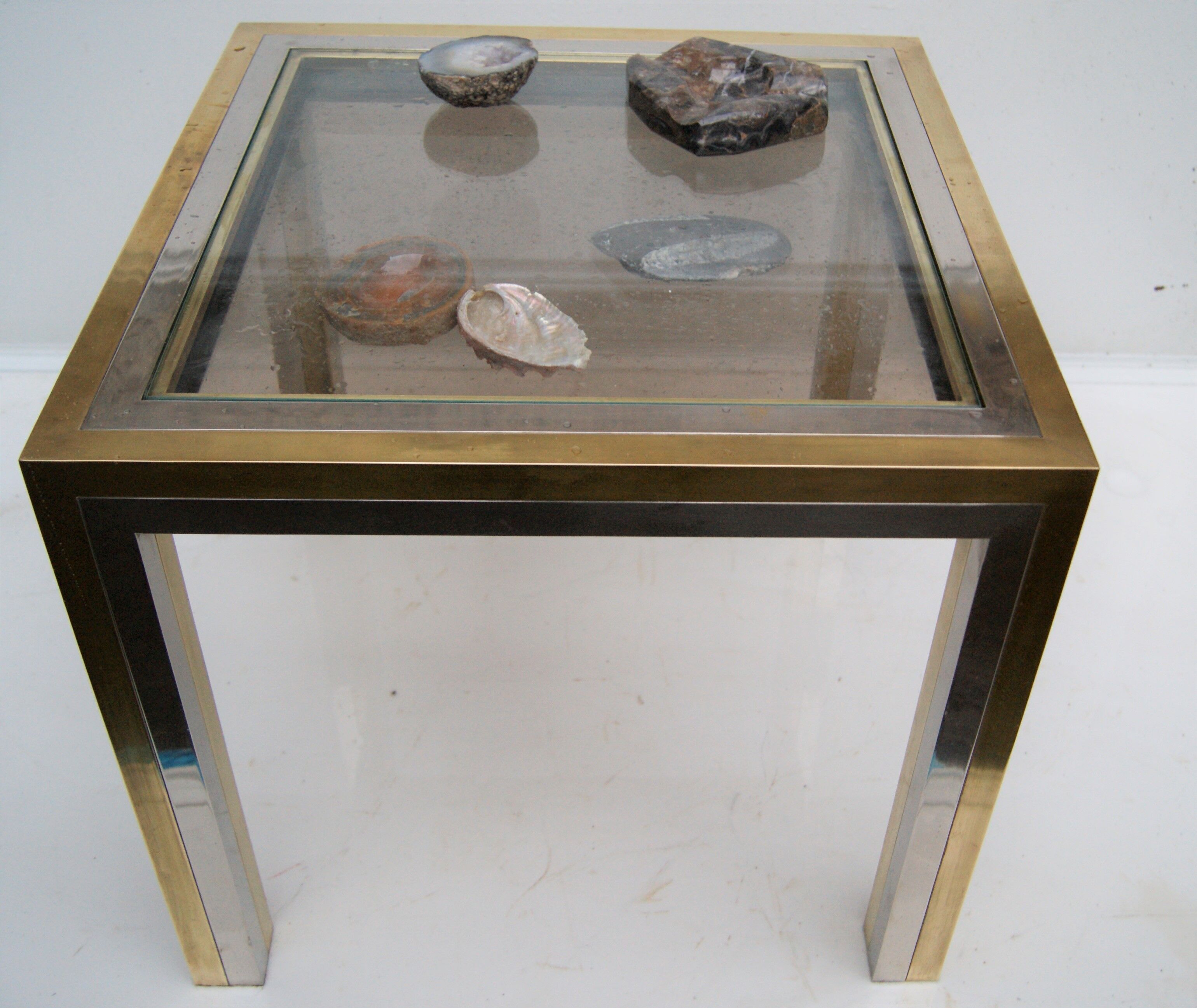 Piece of sofa coffee table brass chrome, brass. 2 glass trays. Italy 1970's