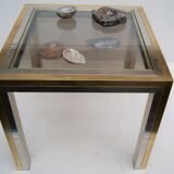 Piece of sofa coffee table brass chrome, brass. 2 glass trays. Italy 1970's