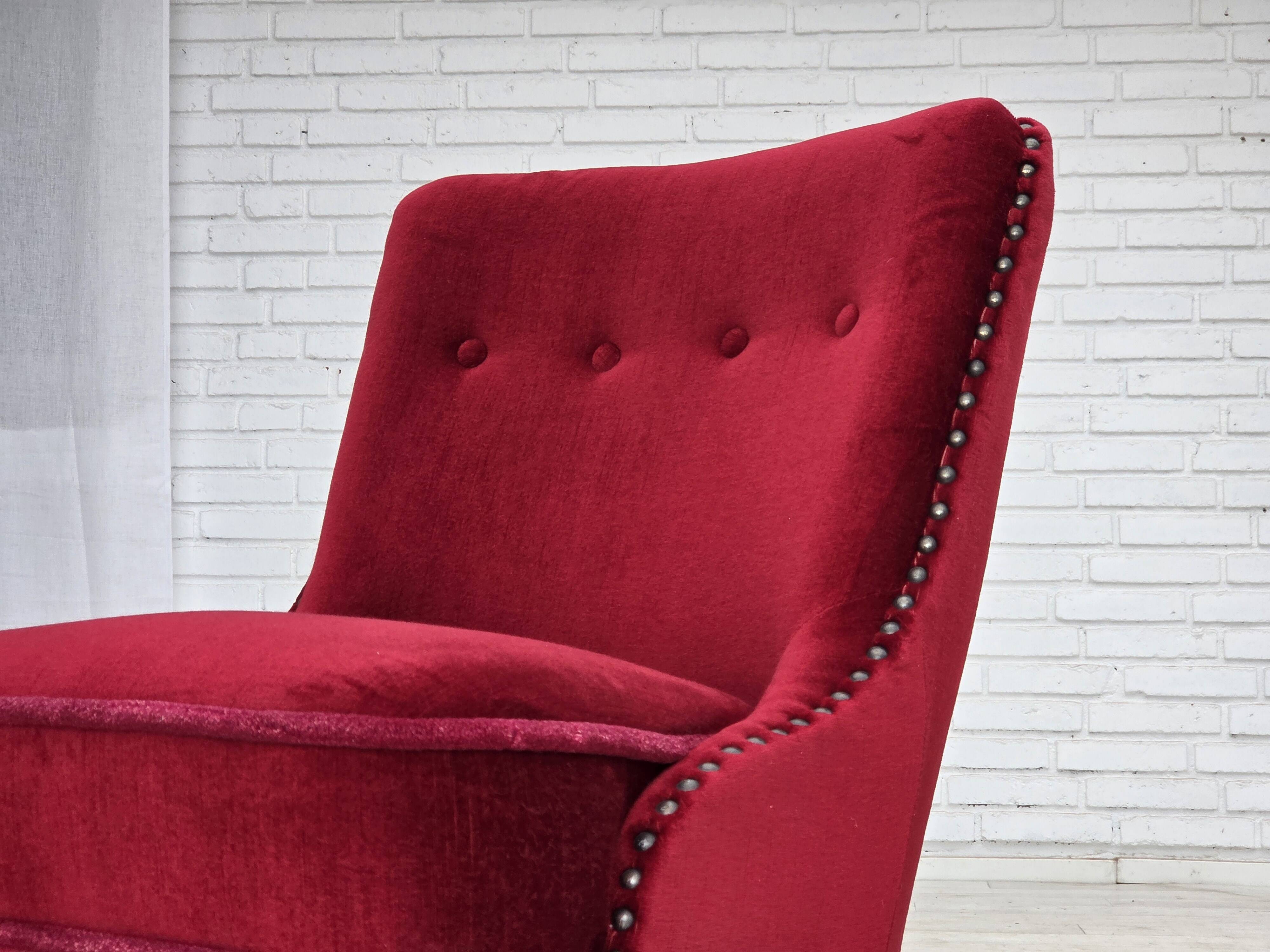 1960s, Danish armchair, original red furniture velour, beech wood legs.