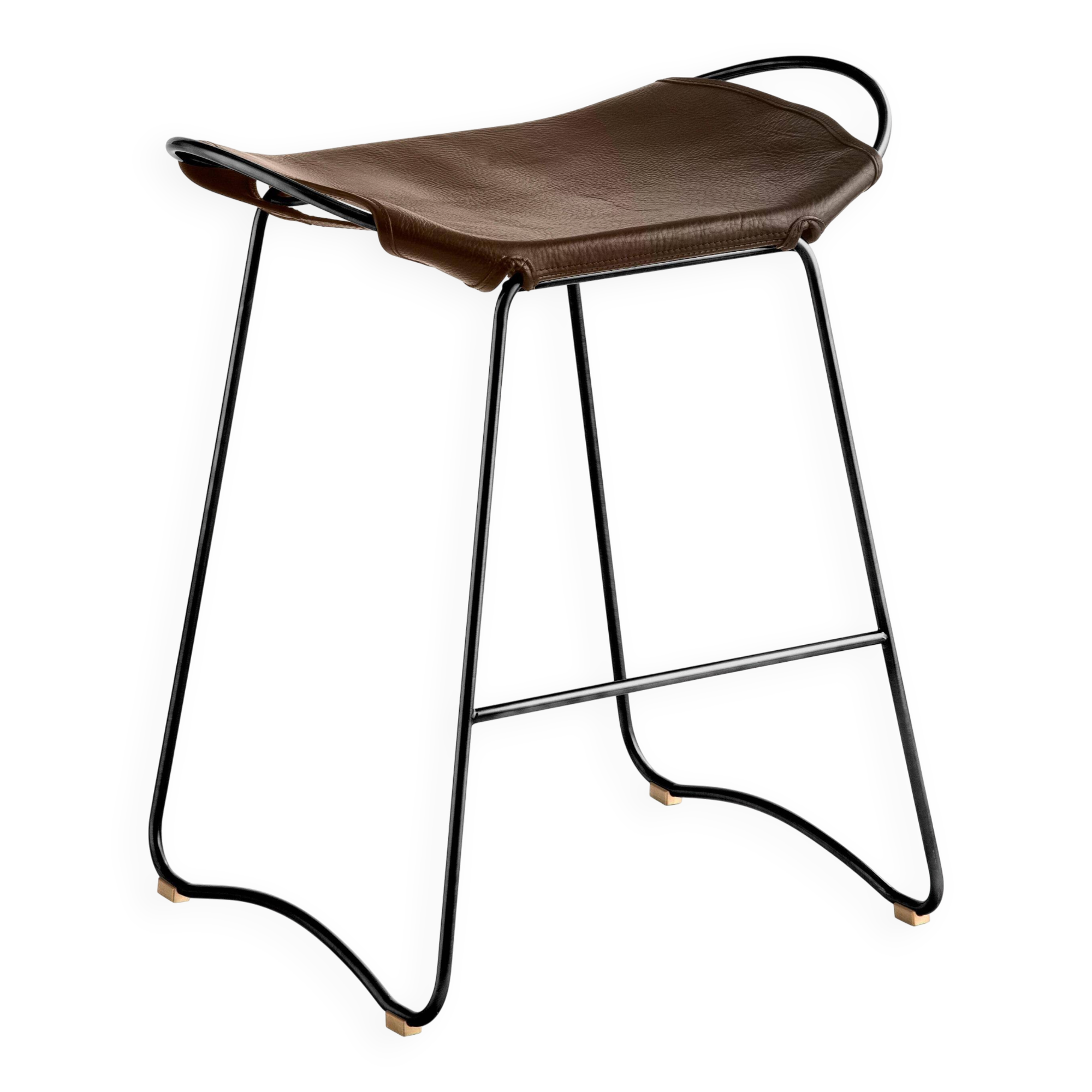 Contemporary Kitchen CounterStool Black Smoke Metal & Dark Brown Leather