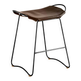 Contemporary Kitchen CounterStool Black Smoke Metal & Dark Brown Leather