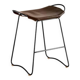 Contemporary Kitchen CounterStool Black Smoke Metal & Dark Brown Leather