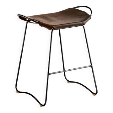 Contemporary kitchen stool in smoked black metal and dark brown leather.