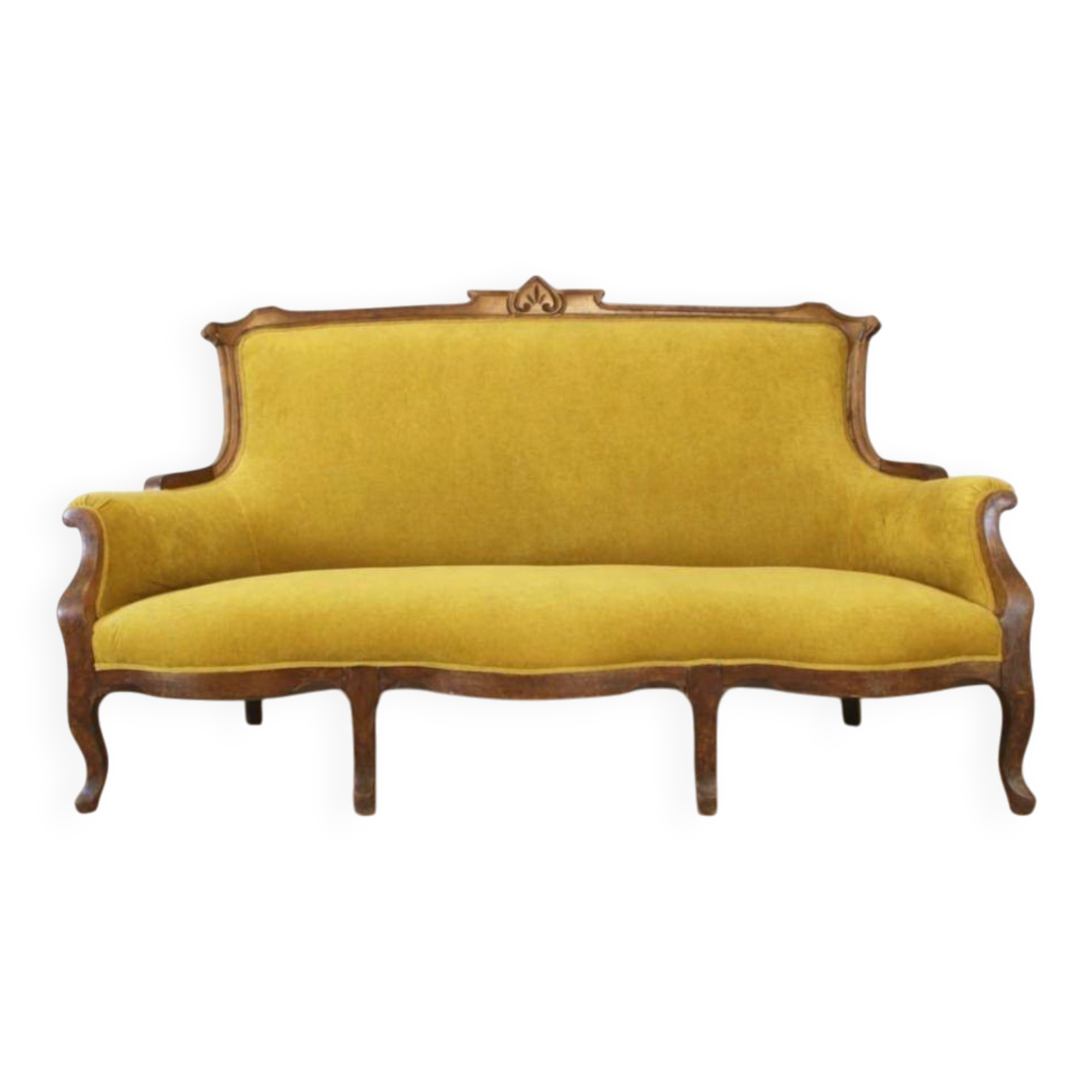 Art Nouveau walnut and mustard velvet sofa