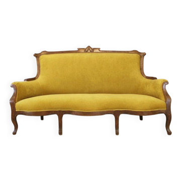 Art Nouveau walnut and mustard velvet sofa
