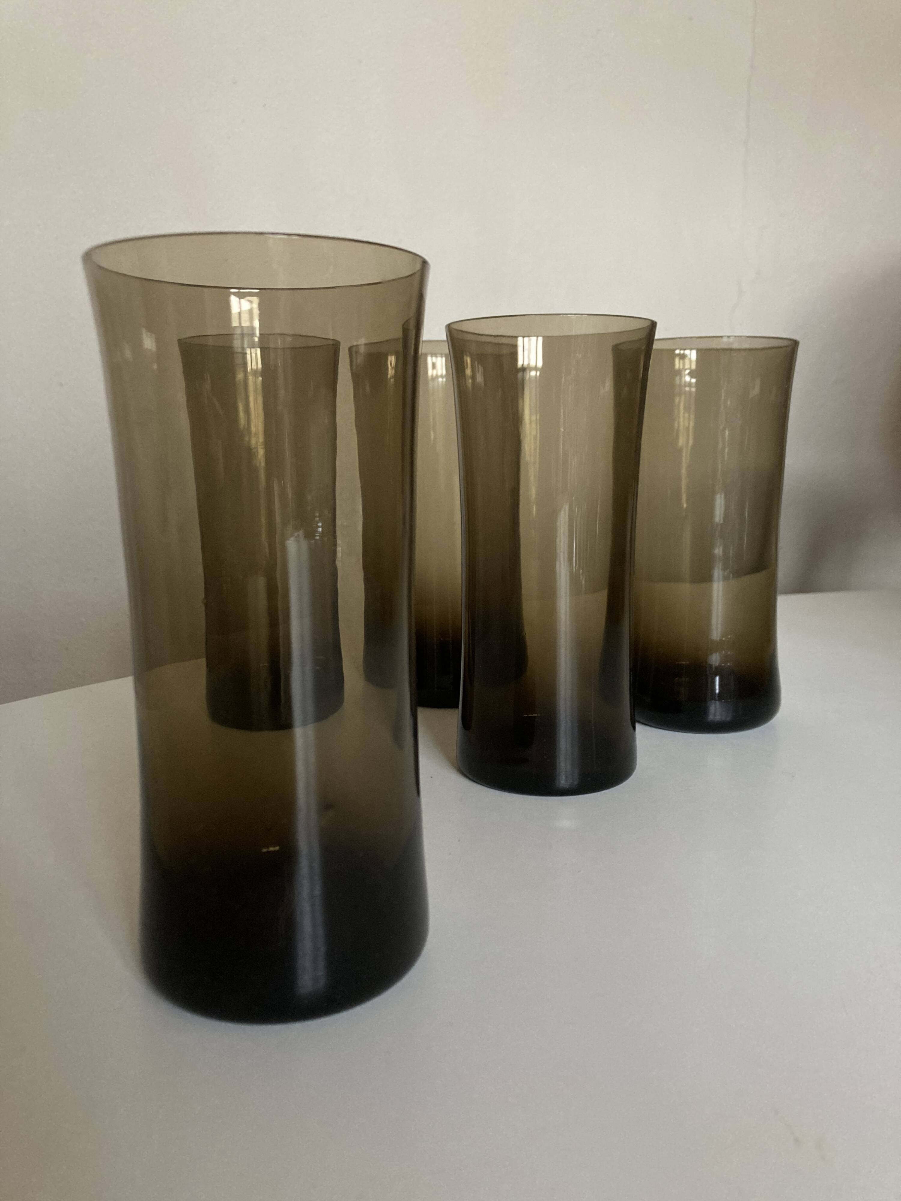 Set of 5 high ball diabolo glasses 1970 in smoked brown glass