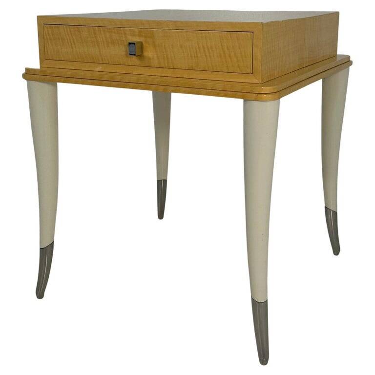 Italian Art Deco Style Cream Lacquer, Maple, Cream Velvet and Chromed Metal Side Table