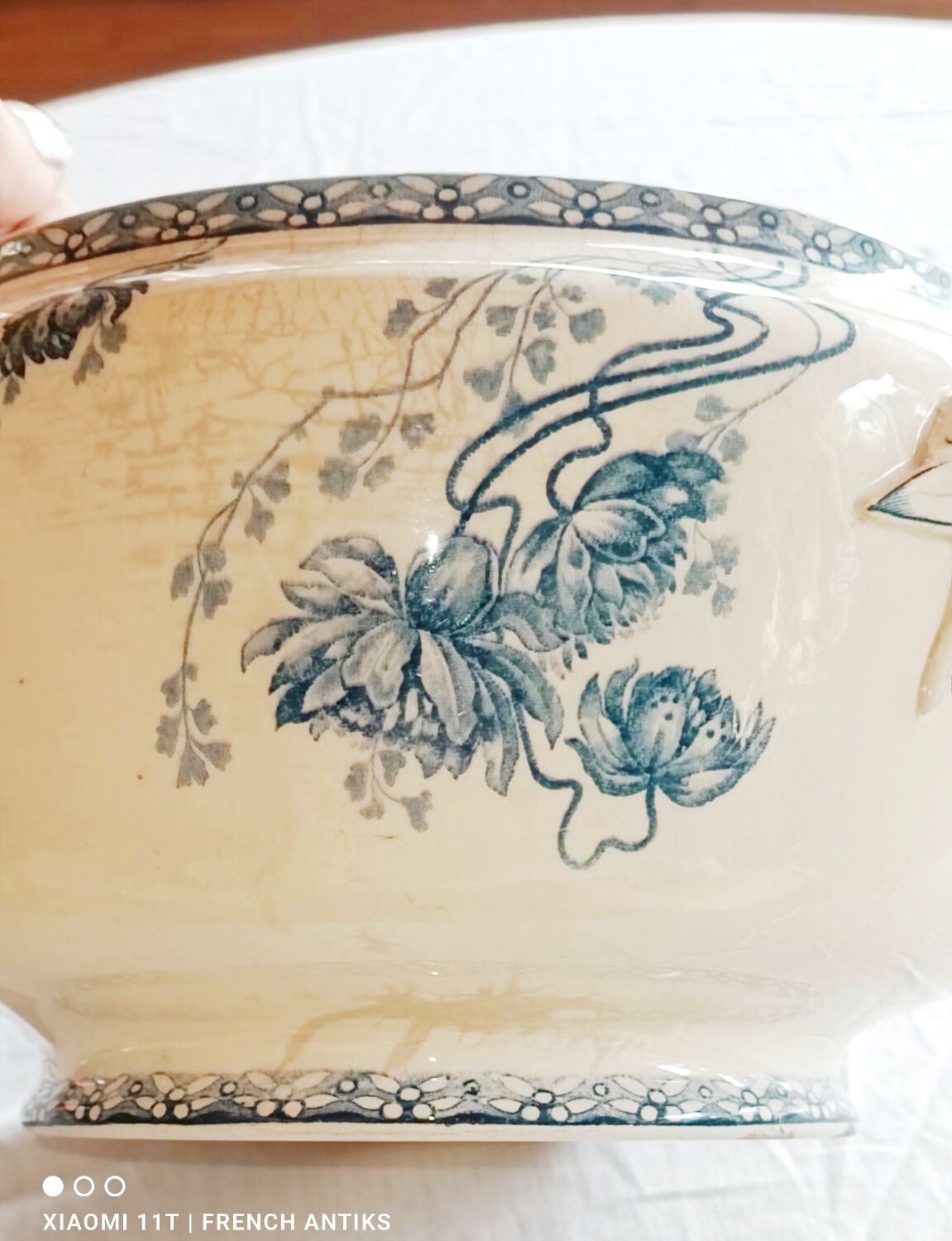 soup tureen, flat dish in porcelain Sarguemines France decor Royat