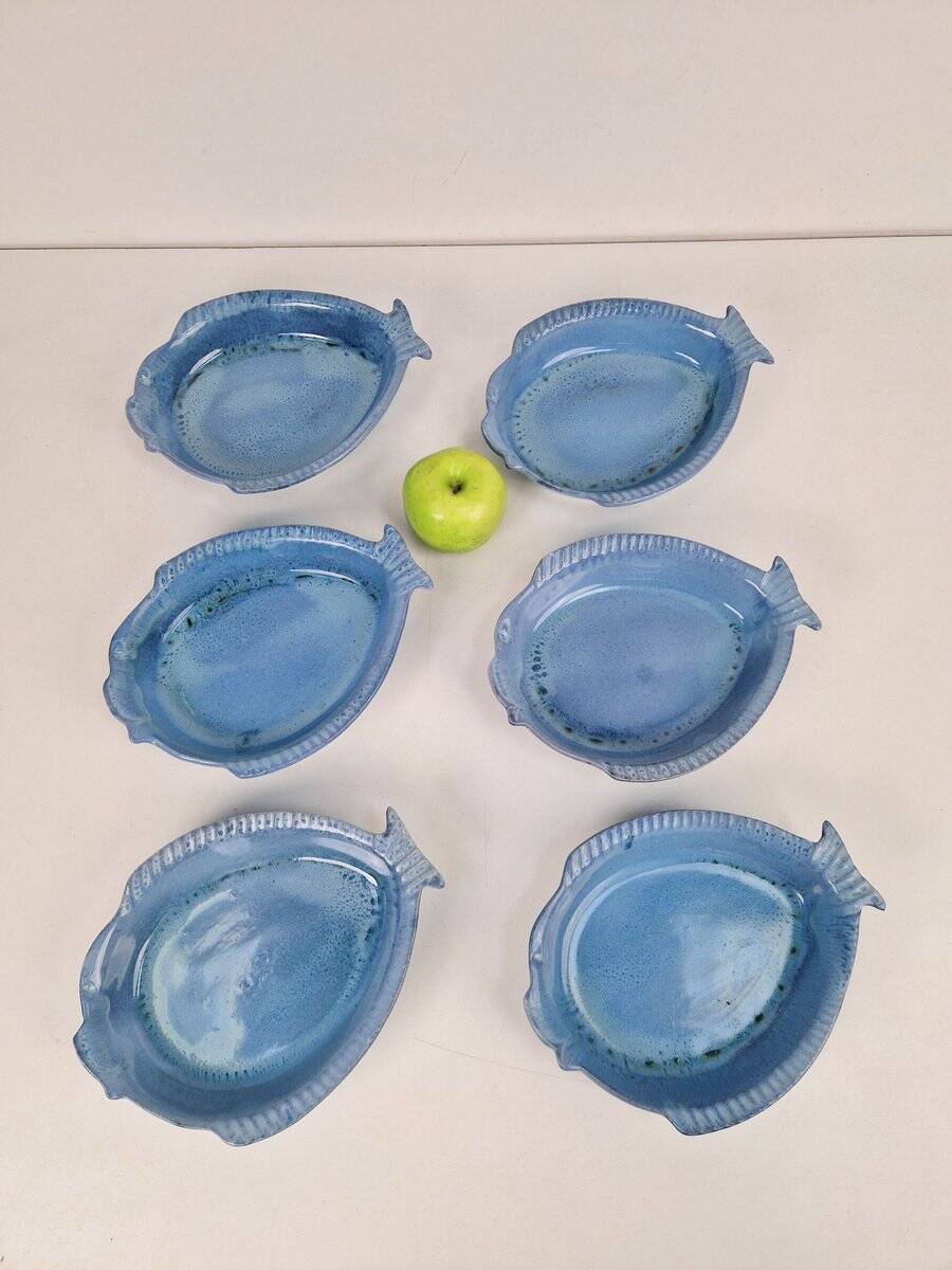 Assiettes en céramique bleue en forme de poisson par Aimé De Grimaud, France, 1970, ensemble de 6.