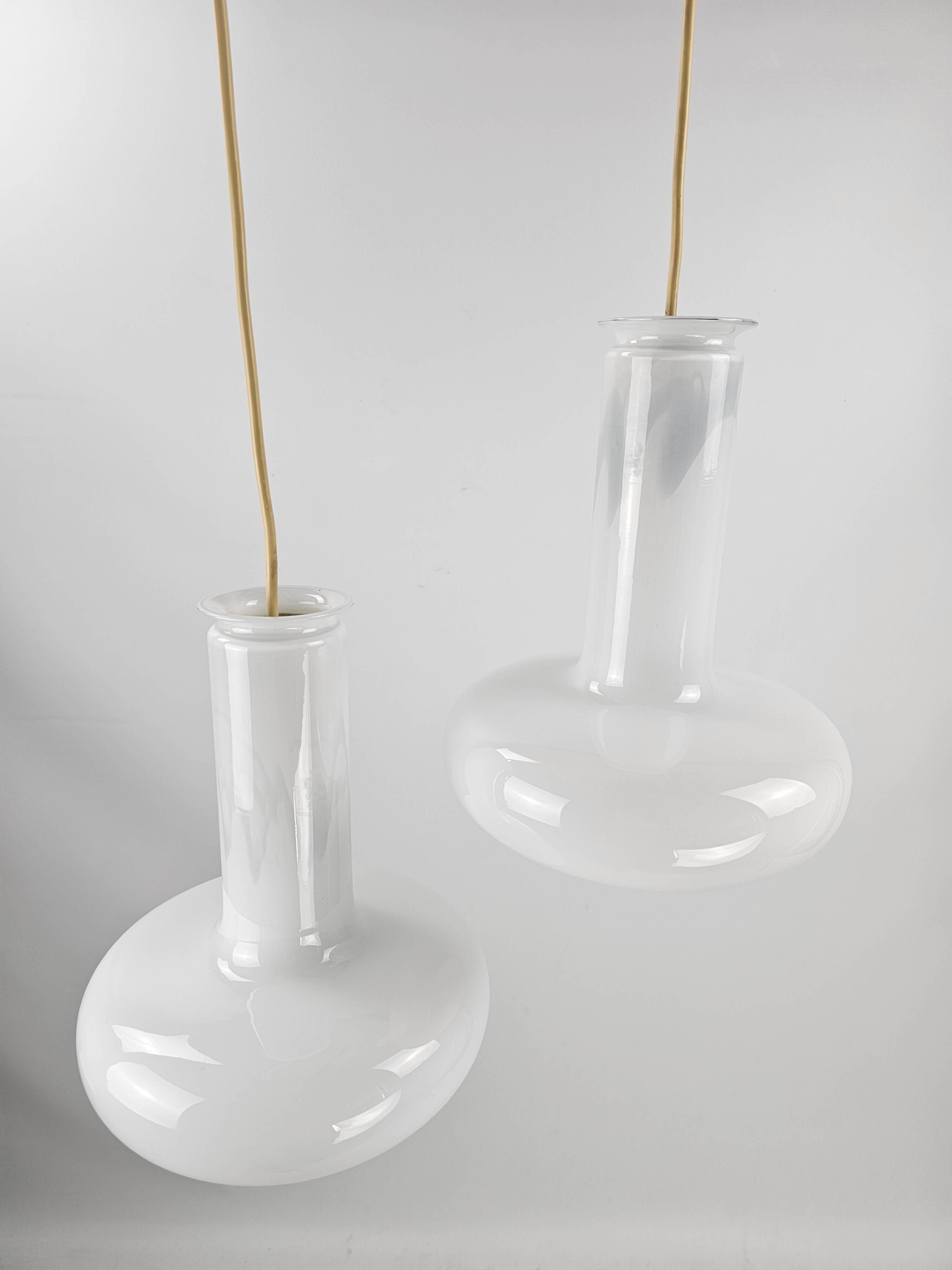 Pair of vintage Danish "Blues" opal glass pendant lamps by Sidse Werner for Holmegaaard, 1980s