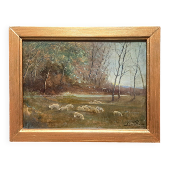 Tableau impressionniste, huile sur bois signée, scène pastorale, école de  Barbizon