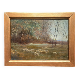 Impressionist painting, signed oil on wood, pastoral scene, Barbizon school