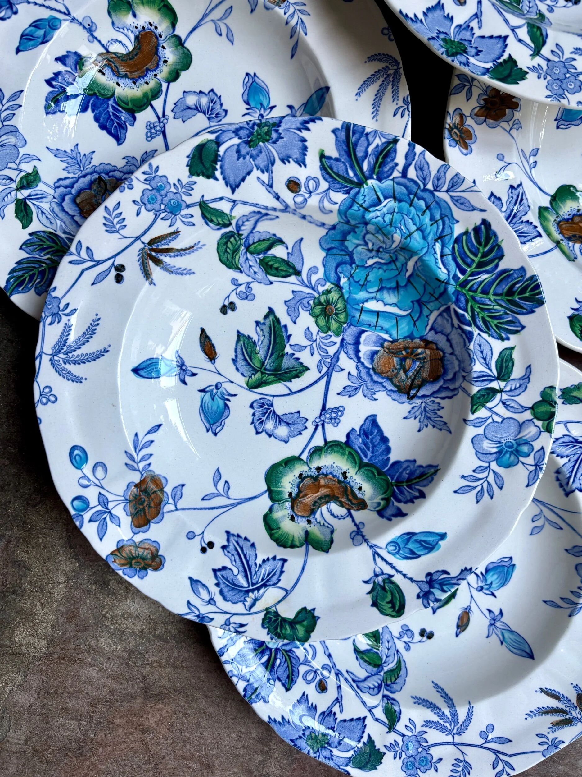 6 polychrome ironstone deep plates by Mason's, "Belvedere" service - early 20th century