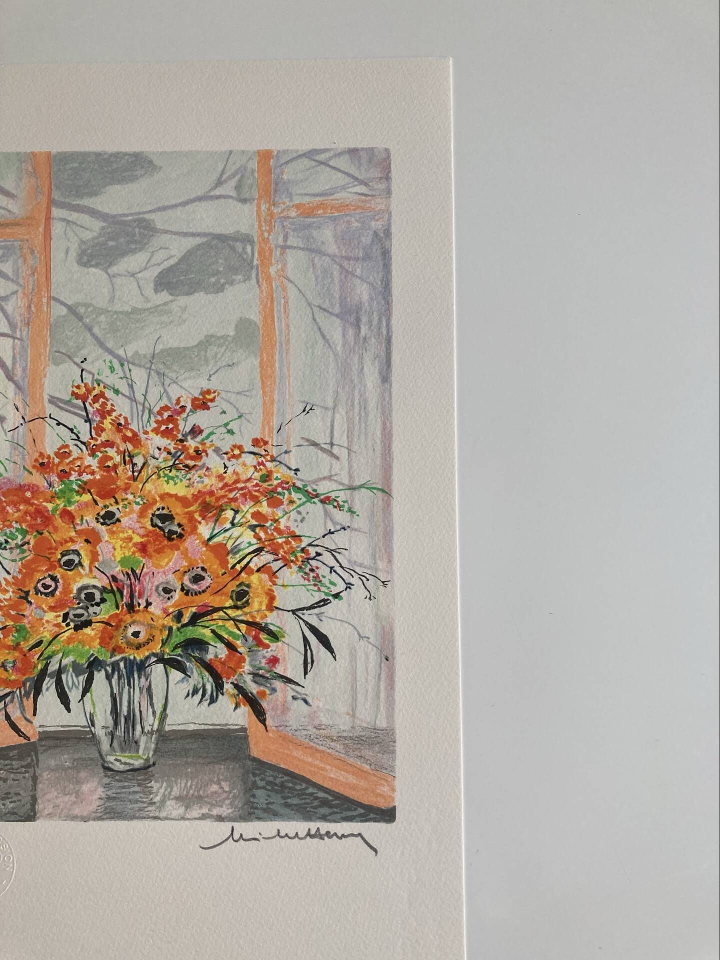 Lithographie signée Michel Henry - Bouquet à la fenêtre