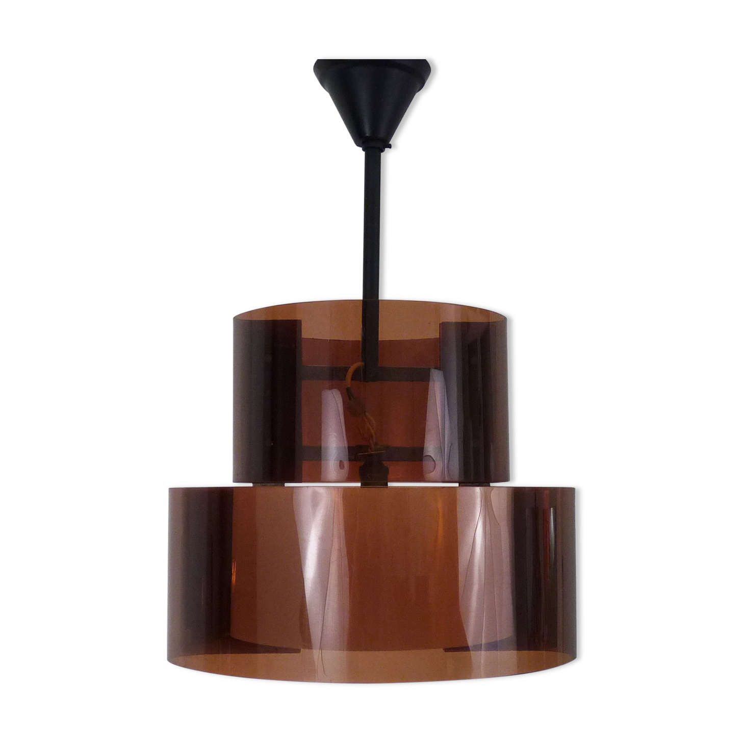 Suspension vintage en plexiglas fumé et blanc double feux. Année 60