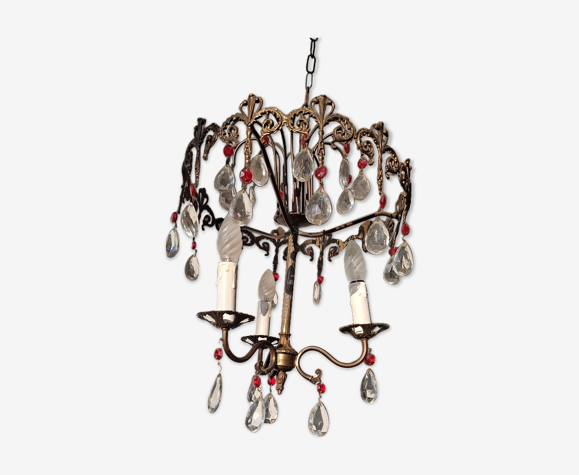 Lustre italien antique de laiton et de verre
