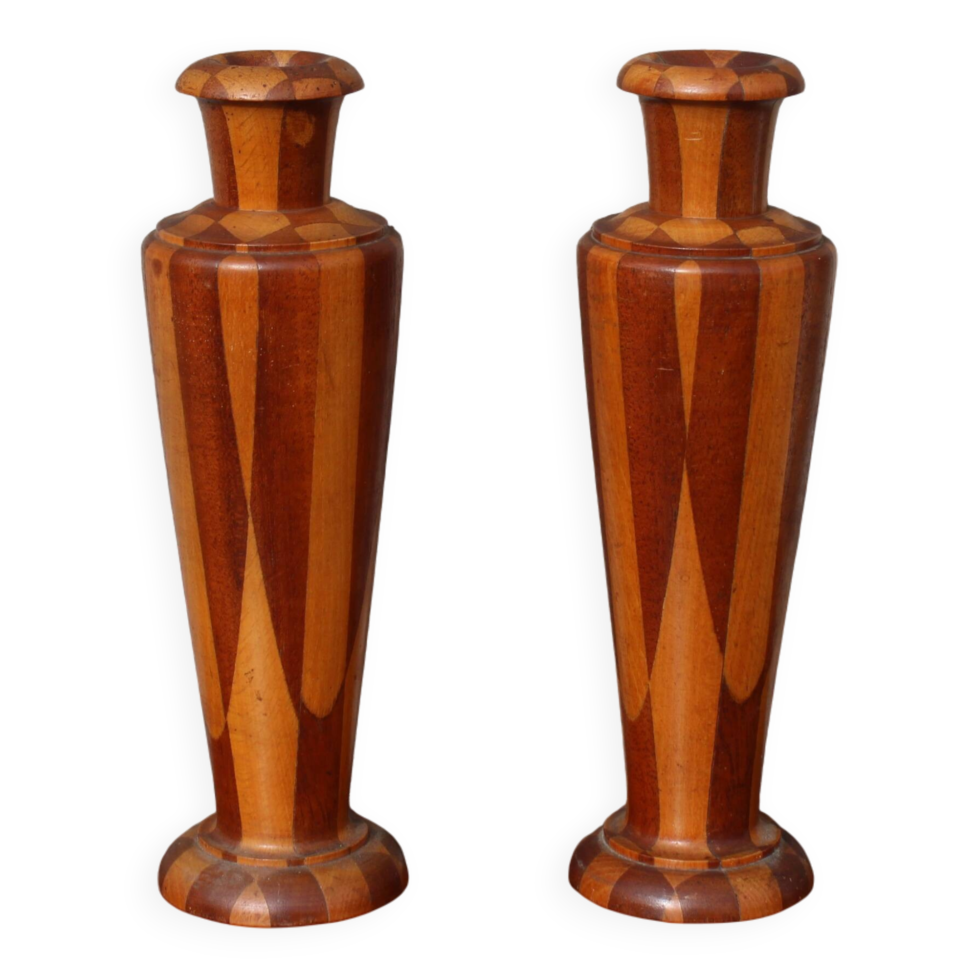 Pair of turned wooden vases – geometric design