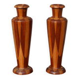 Pair of turned wooden vases – geometric design