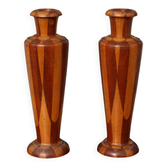 Pair of turned wooden vases – geometric design