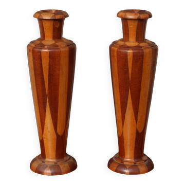 Pair of turned wooden vases – geometric design