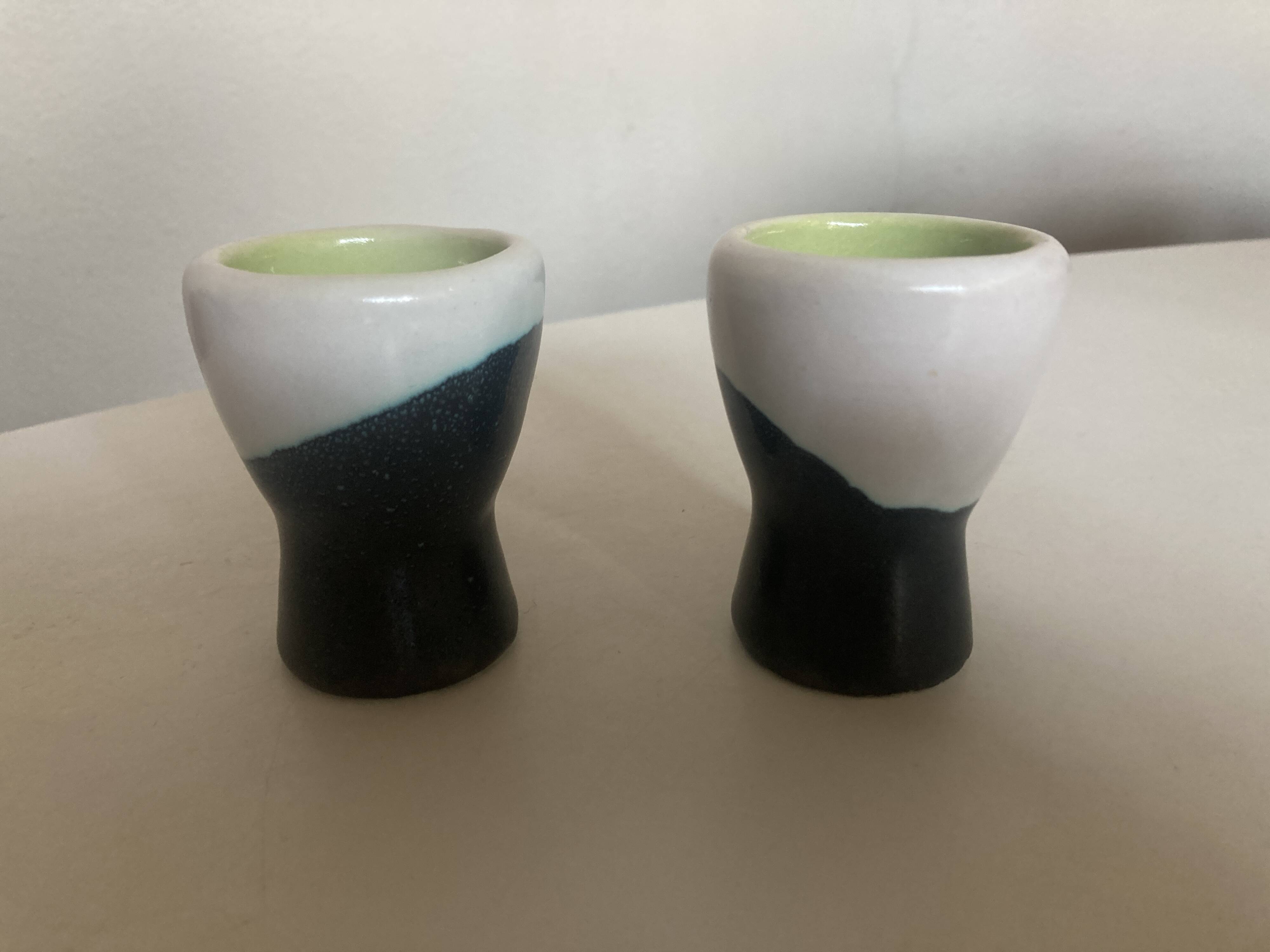 pair of green lined Vallauris 196O egg cups