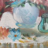 Hst still life signed helman xx: bouquet of flowers, vase, fruit, basket, window