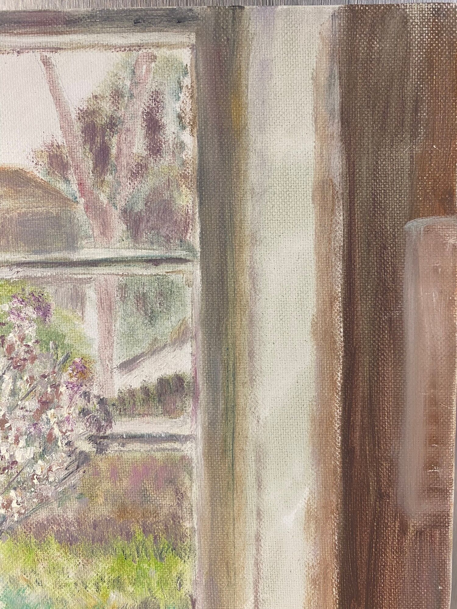 Old painting, still life with bouquet of flower and cat 80s