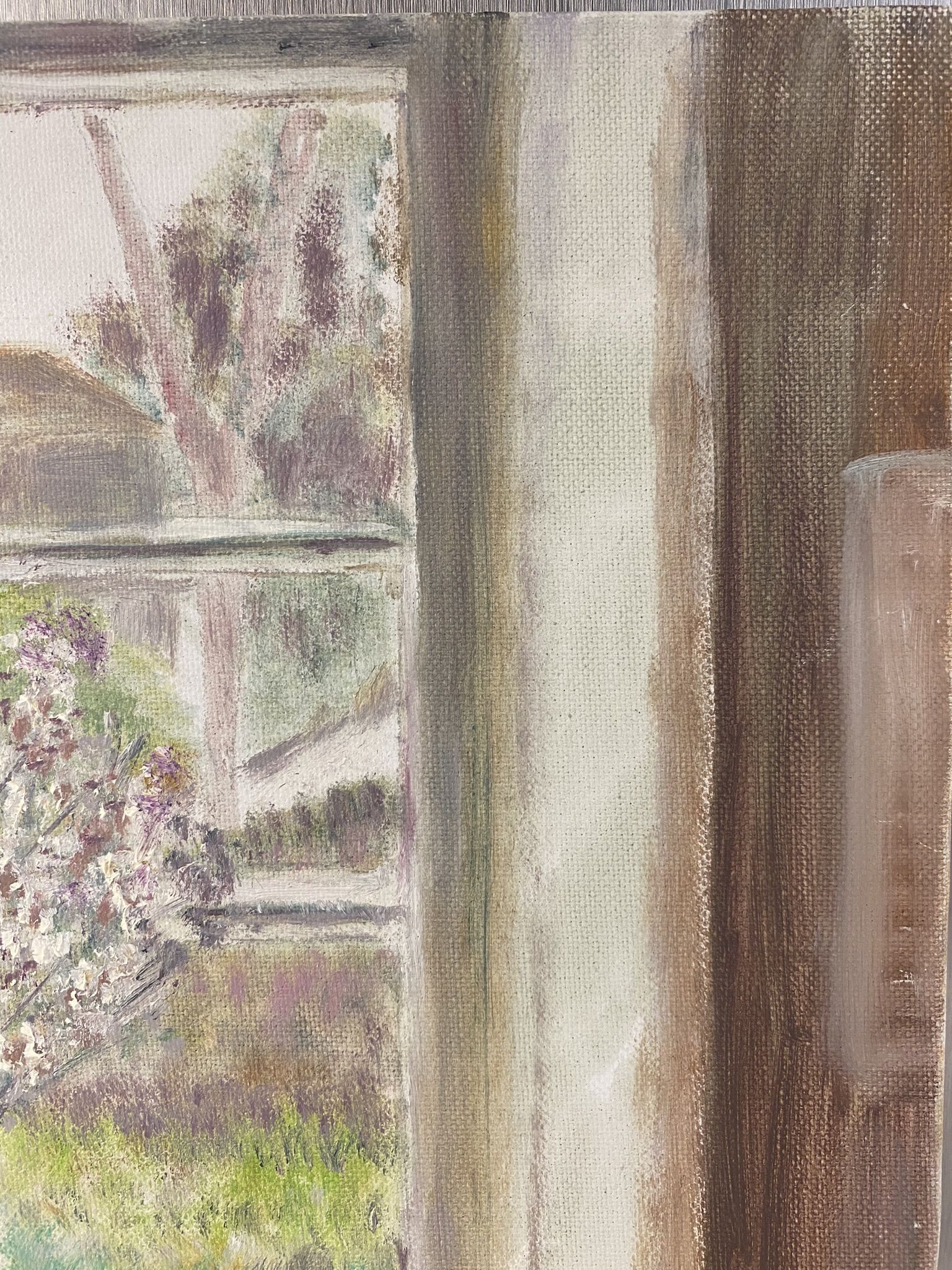 Old painting, still life with bouquet of flower and cat 80s