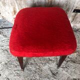 Ancien Tabouret Moumoute Rouge + Pieds Compas Bois Vintage