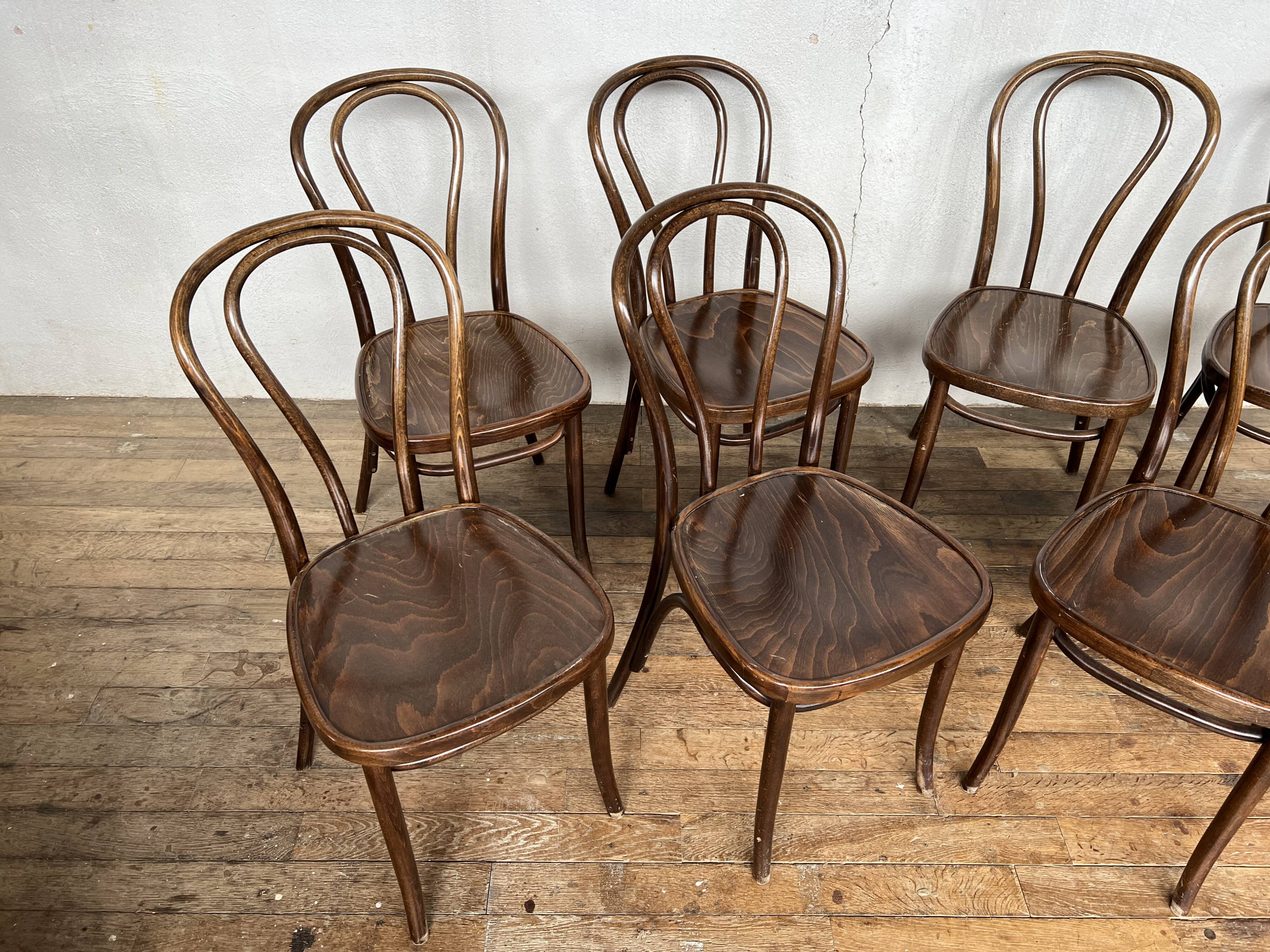 Series of 8 bistro chairs troquet wood curved vintage 1960