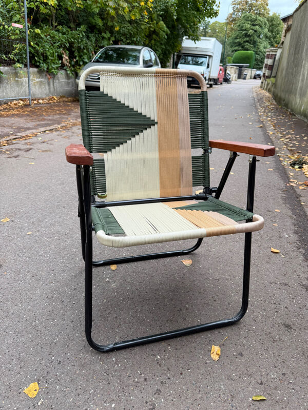 Chaise fauteuil pliable bois et cordage tissu