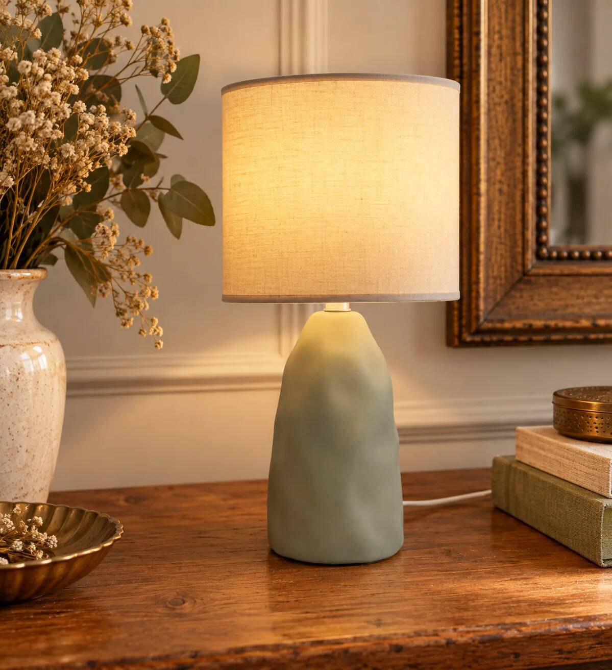 Sage green table lamp with cream lampshade – organic style bedside lamp
