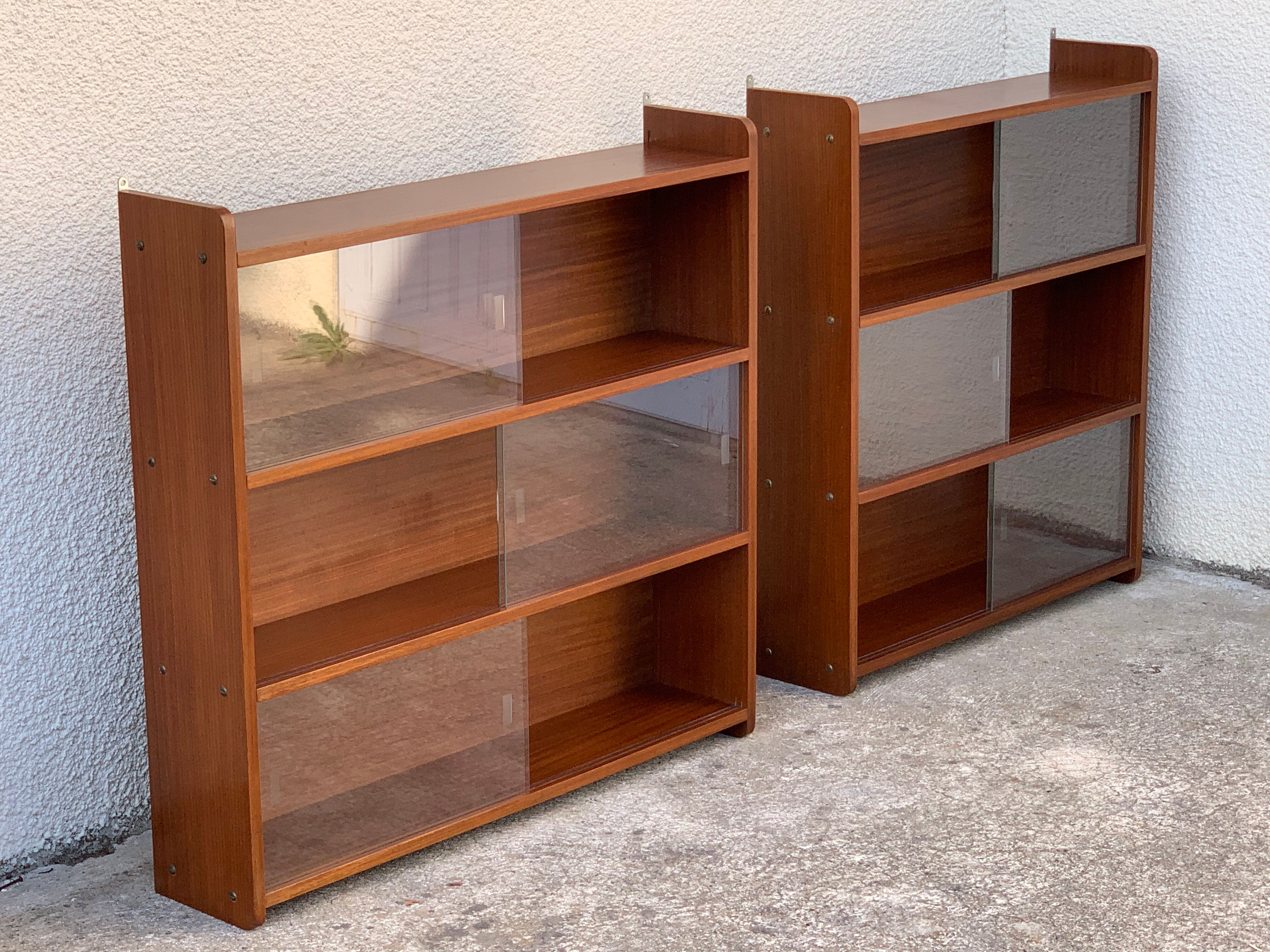 glass wall bookcase in vintage teak 1950