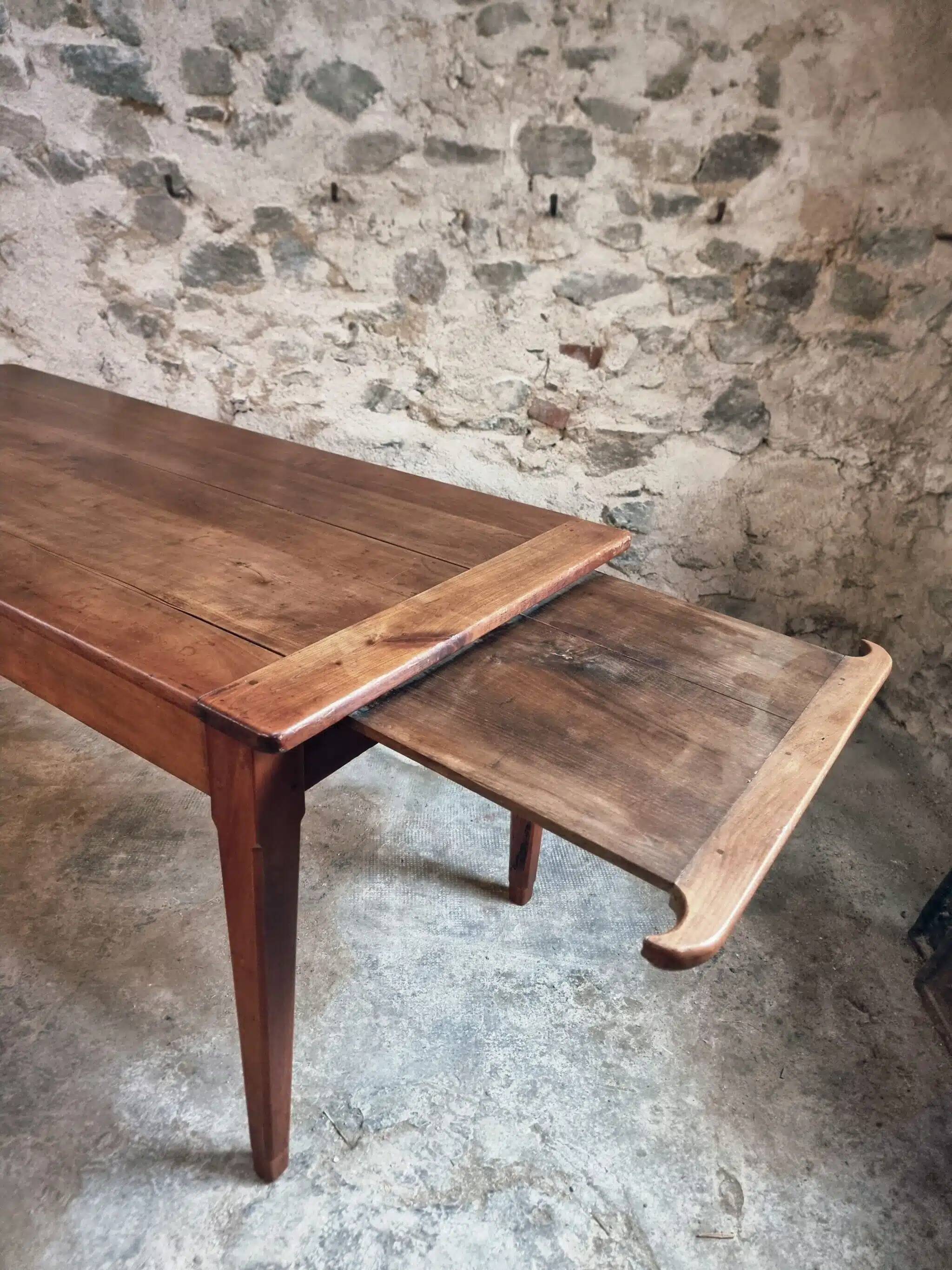 Antique French Farmhouse Table | 19th Century Cherry Wood Table with Drawer and Extension | 1880–1900 Rustic Kitchen