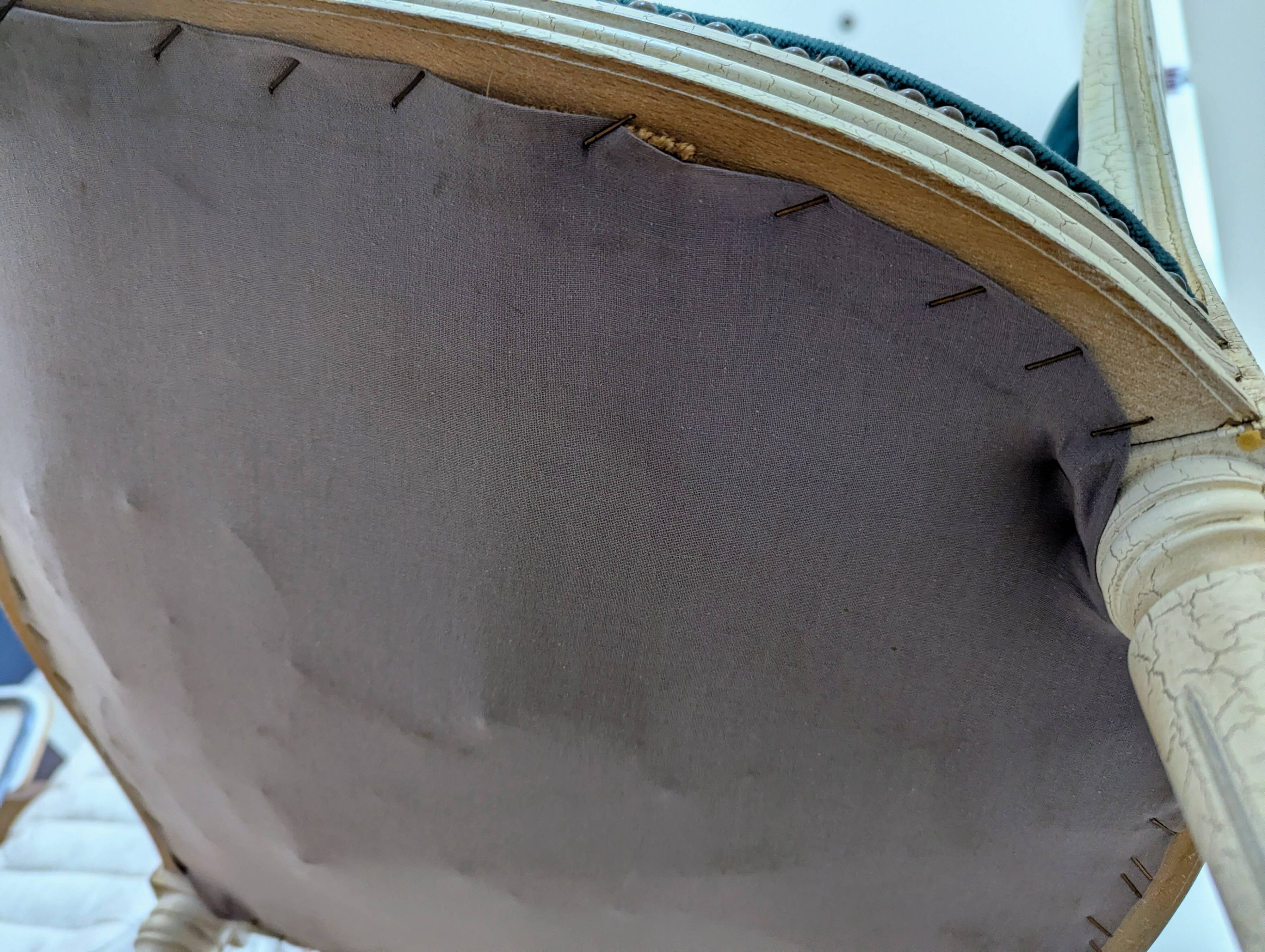 Vintage Louis XVI style chair in petrol blue velvet and patinated wood