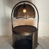 Faux bamboo rattan webbing side table with integrated hanging lamp, Dutch 1960s-1970s