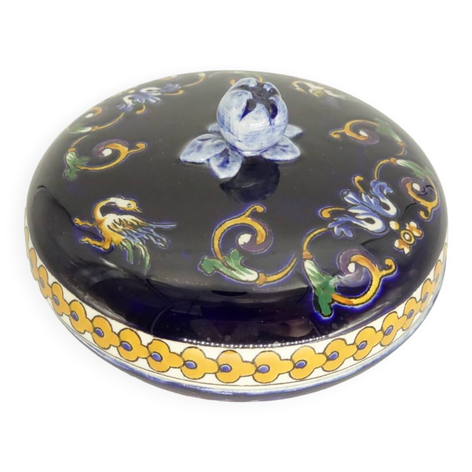 Gien faience candy box, Renaissance decor, blue background