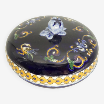 Gien earthenware candy box Renaissance decor blue background