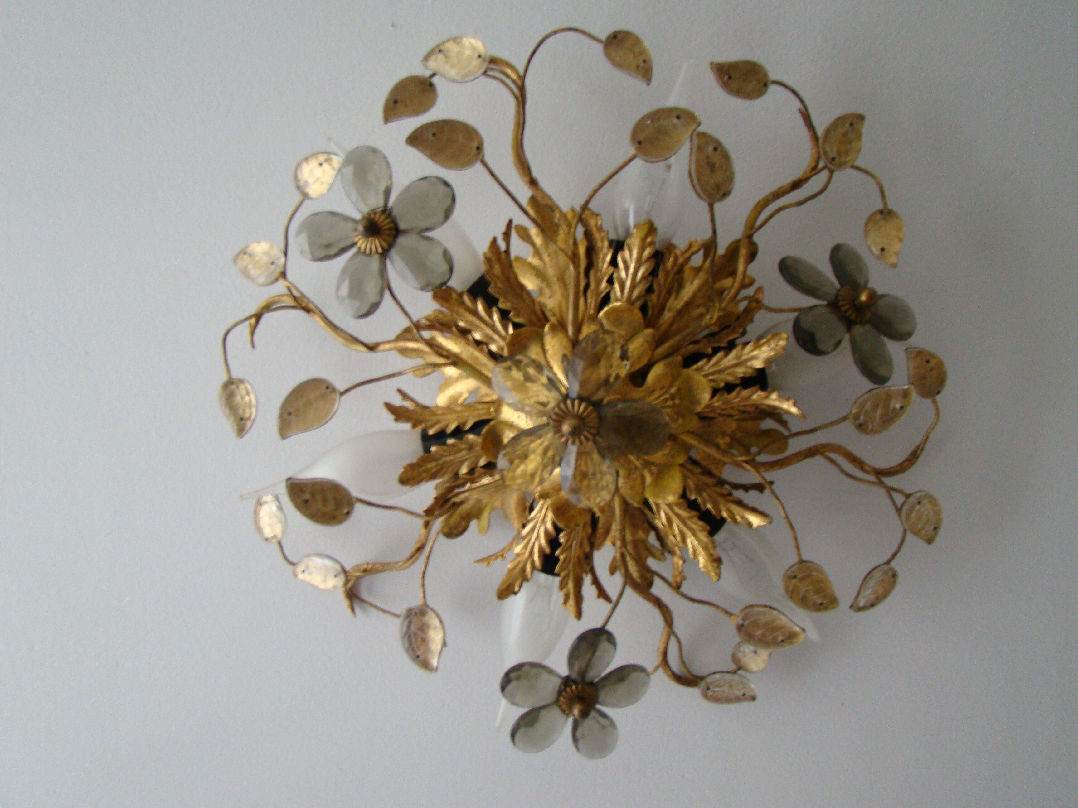 Vintage wall lamp or ceiling lamp in golden metal, glass flowers