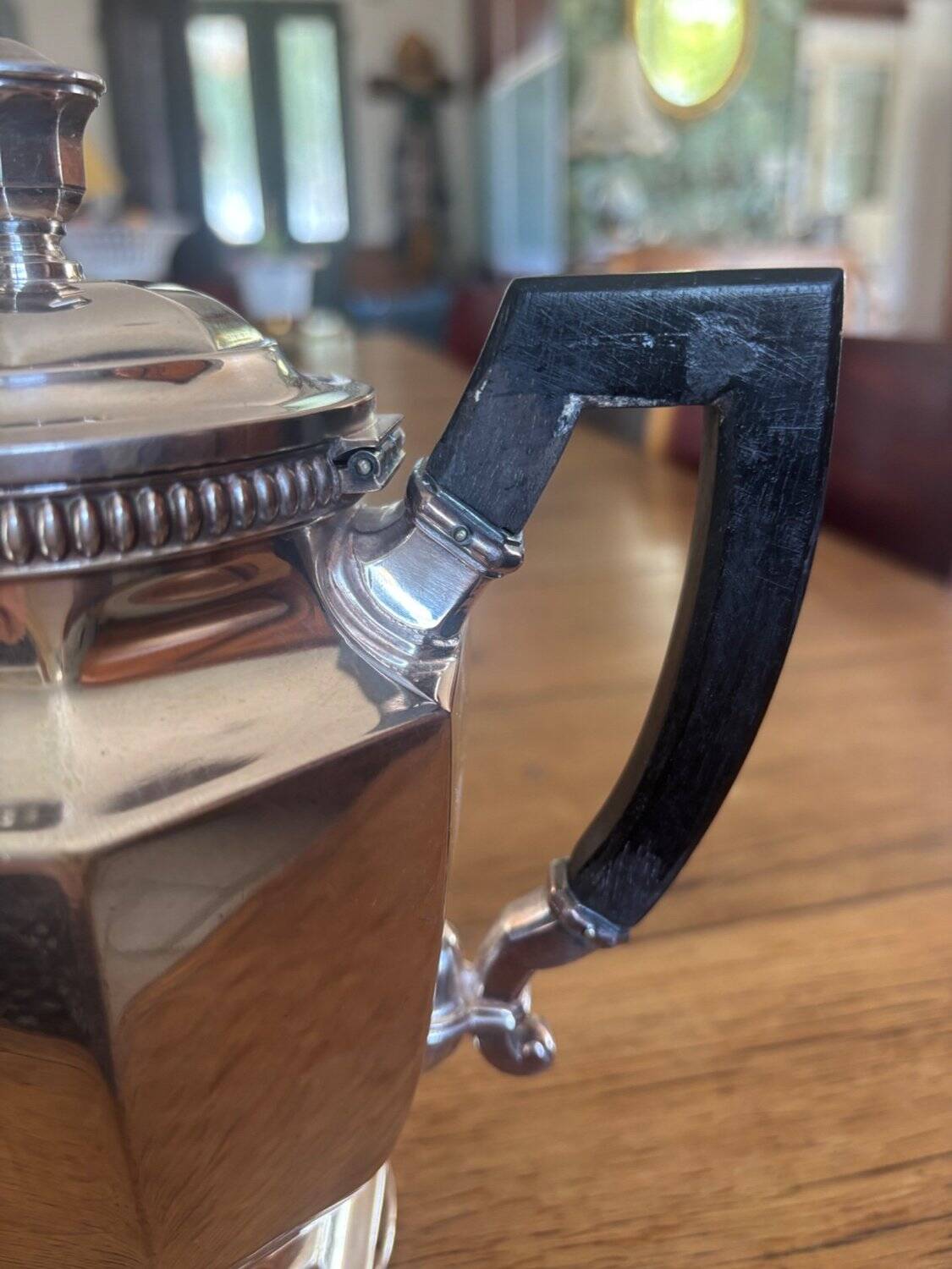 Belle Époque teapot in silver-plated metal and ebony – octagonal shape