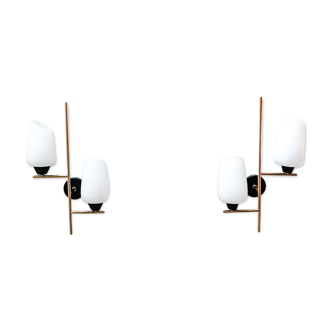 Pair of wall light of the House Arlus, gilded and opaline, 1950s