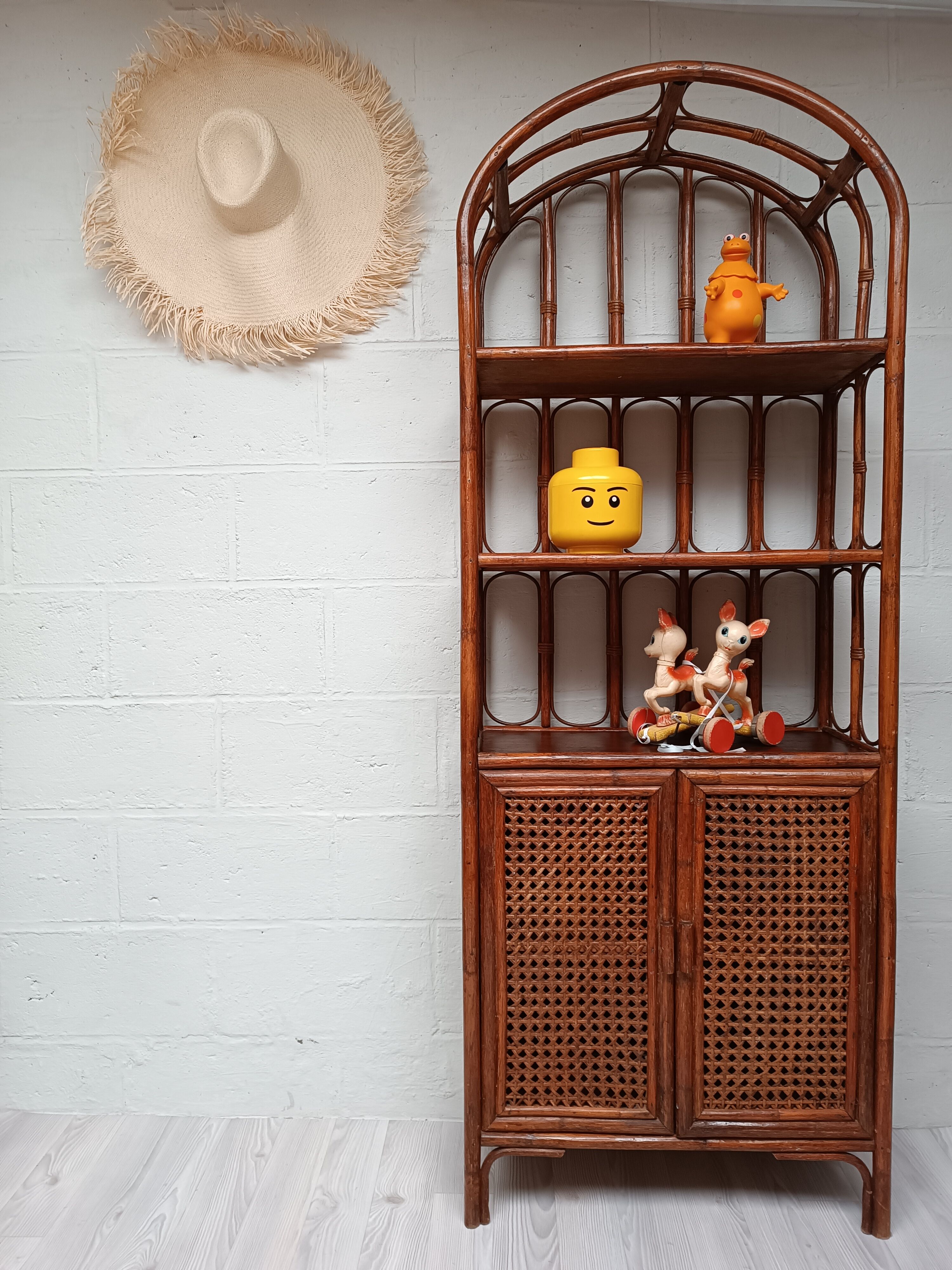 Vintage bamboo bookcase and canning